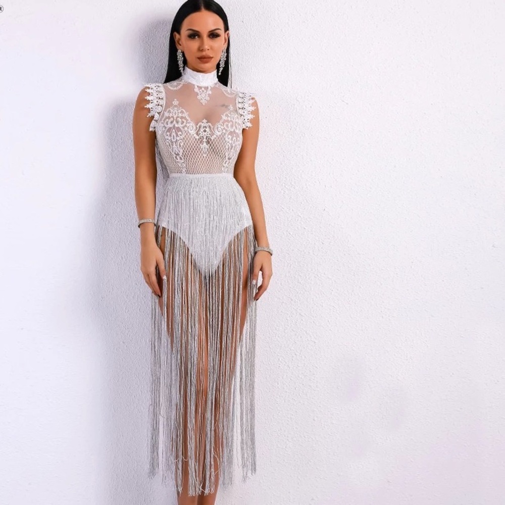 Lace Glitter Tassel Bodysuit